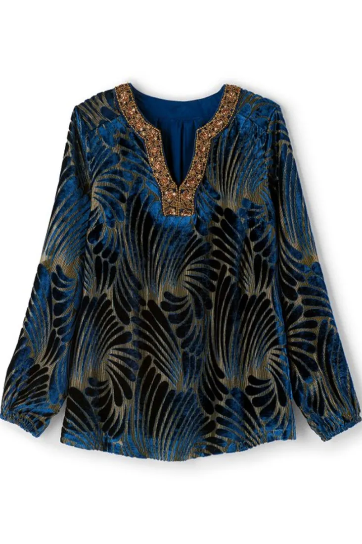 adrienne_embroidered_velvet_tunic_1.webp Discount Soft Surroundings Adrienne Embroidered Velvet Tunic BlueSwirlVelvetBurnout
