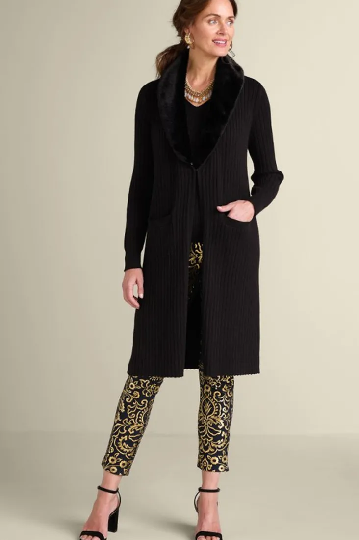 Store Soft Surroundings Amalie Faux Fur Collar Ribbed Cardigan Black