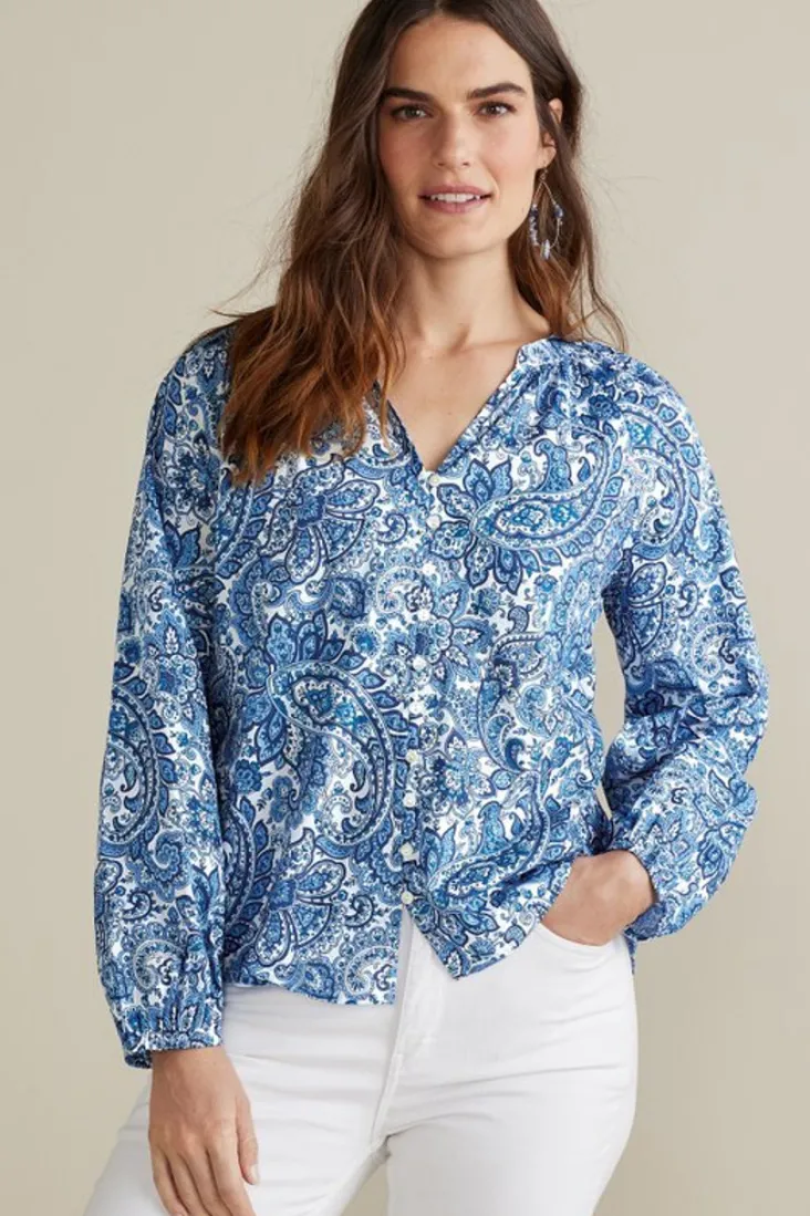Outlet Soft Surroundings Celia Top SpringPaisleyChambray