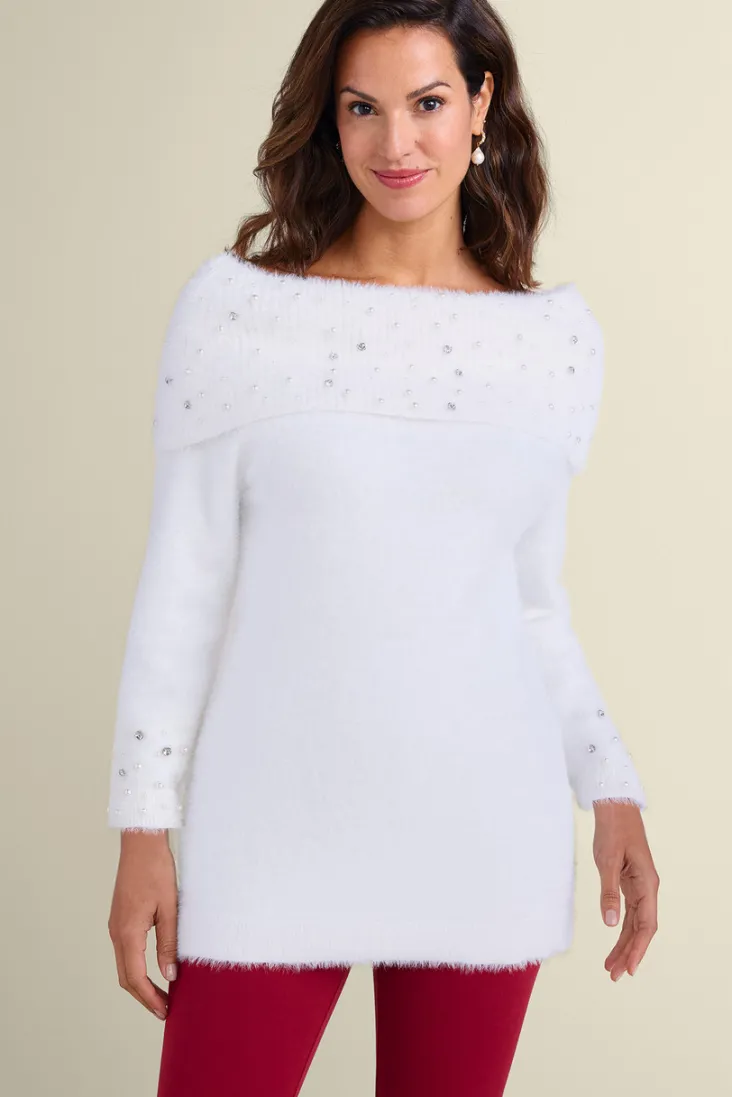 Flash Sale Soft Surroundings Christina Embellished Cowl Neck Sweater Tunic IvoryPearl