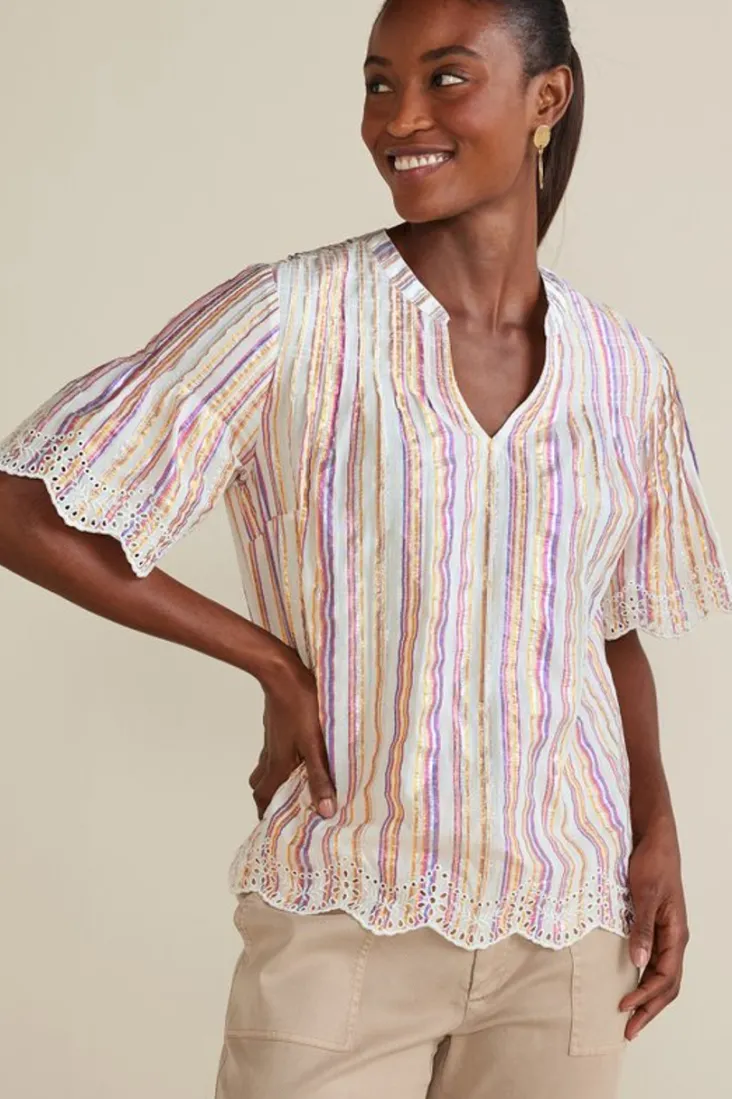 Clearance Soft Surroundings Ciel Metallic Stripe Eyelet Top MultiMetallicStripe