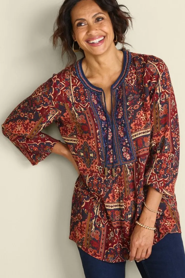 New Soft Surroundings Cindra Embroidered Gauze Tunic RivieraPatchworkBurgund