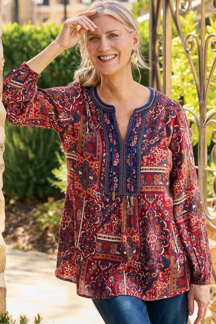 cindra_embroidered_gauze_tunic_4.webp New Soft Surroundings Cindra Embroidered Gauze Tunic RivieraPatchworkBurgund