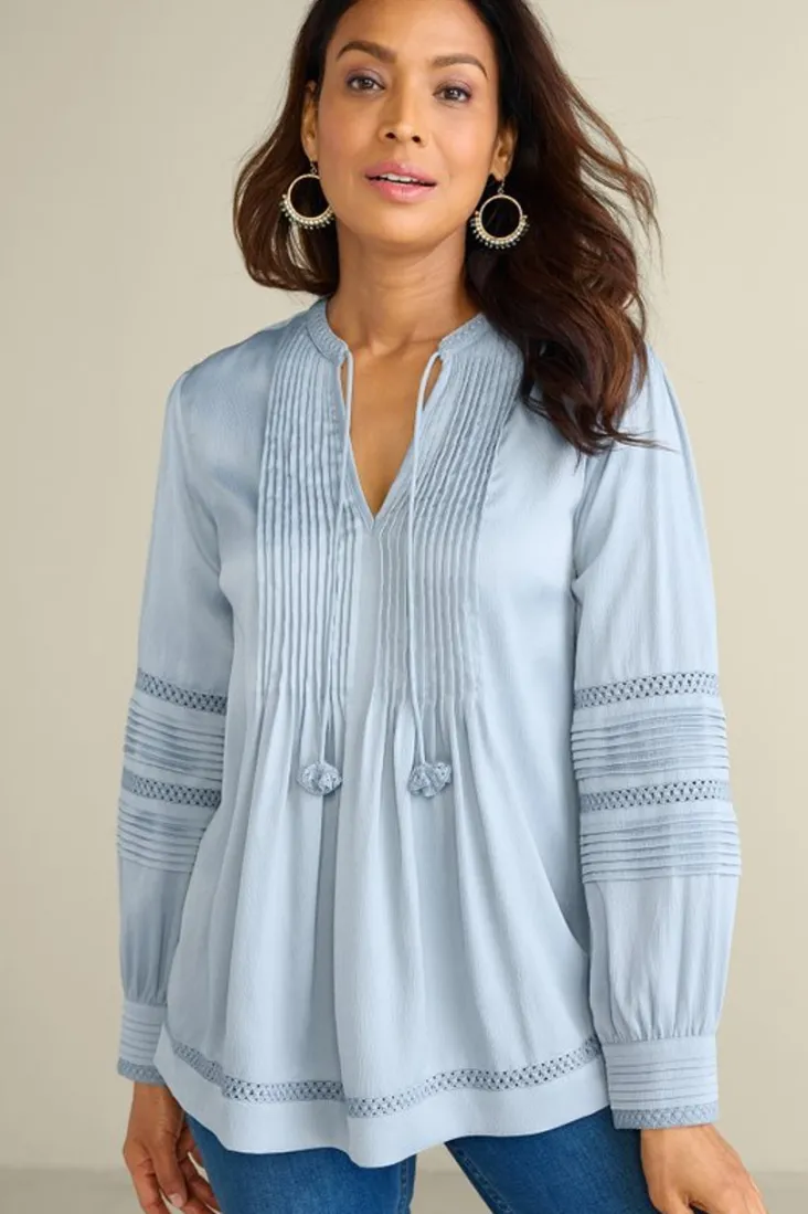 Clearance Soft Surroundings Connie Lace Trim Crepe Top BlueFog