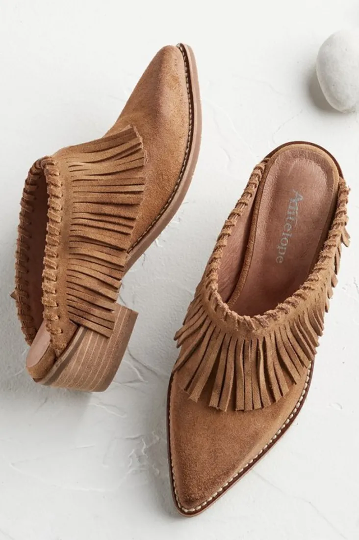 Hot Soft Surroundings Dabney Fringe Suede Mules Taupe