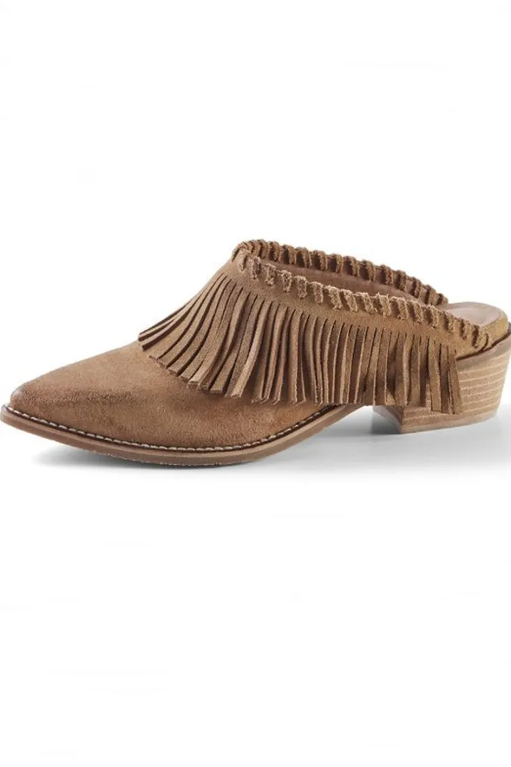 Hot Soft Surroundings Dabney Fringe Suede Mules Taupe