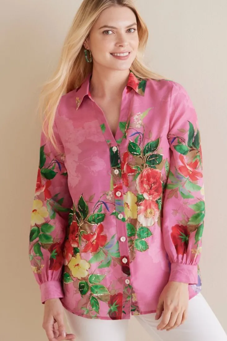 Hot Soft Surroundings Danica Embellished Shirt Red/PinkFloral