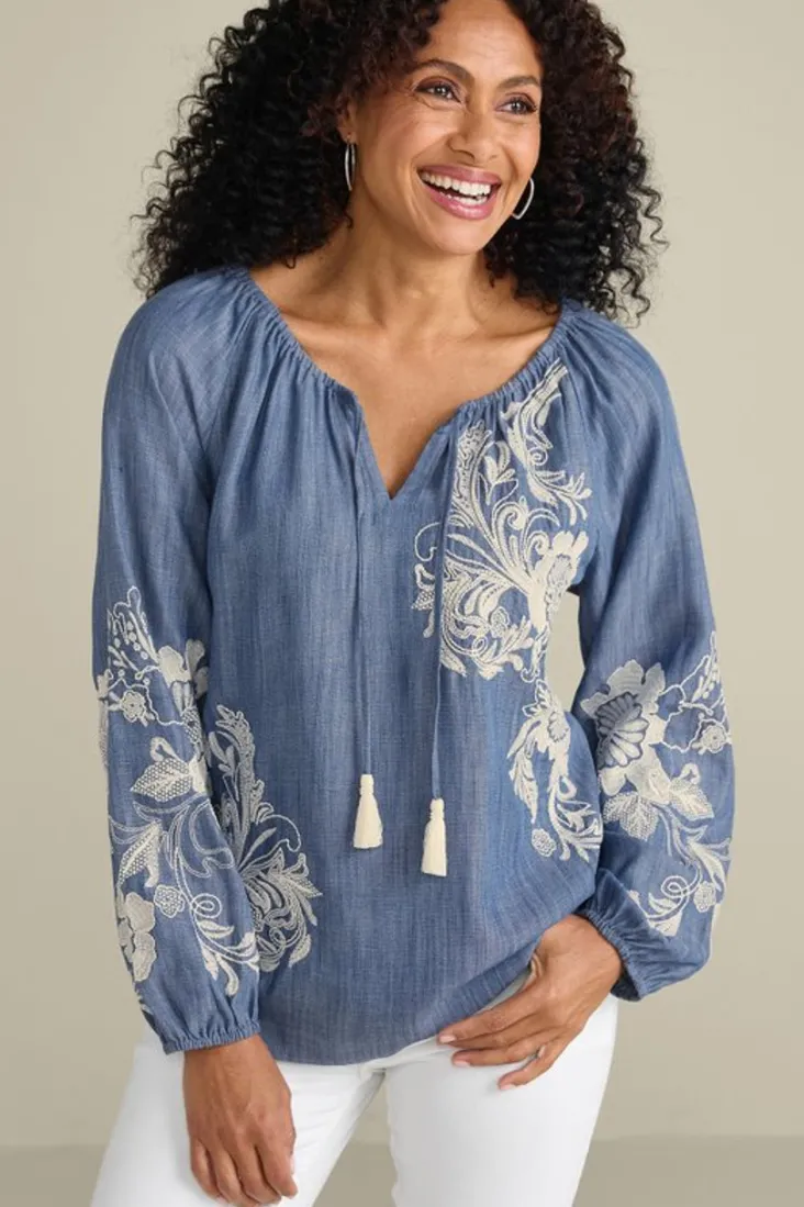 Fashion Soft Surroundings Diya Embroidered Tencel™ Peasant Top MediumWash