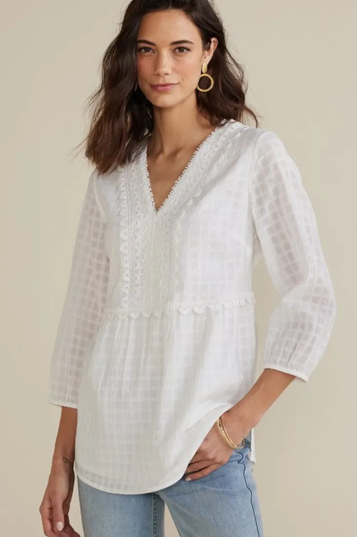 Outlet Soft Surroundings Elodie Windowpane Gauze Top Navy