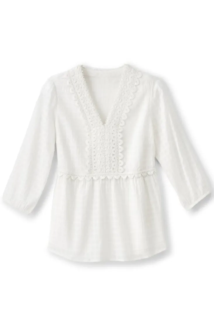 Outlet Soft Surroundings Elodie Windowpane Gauze Top Navy