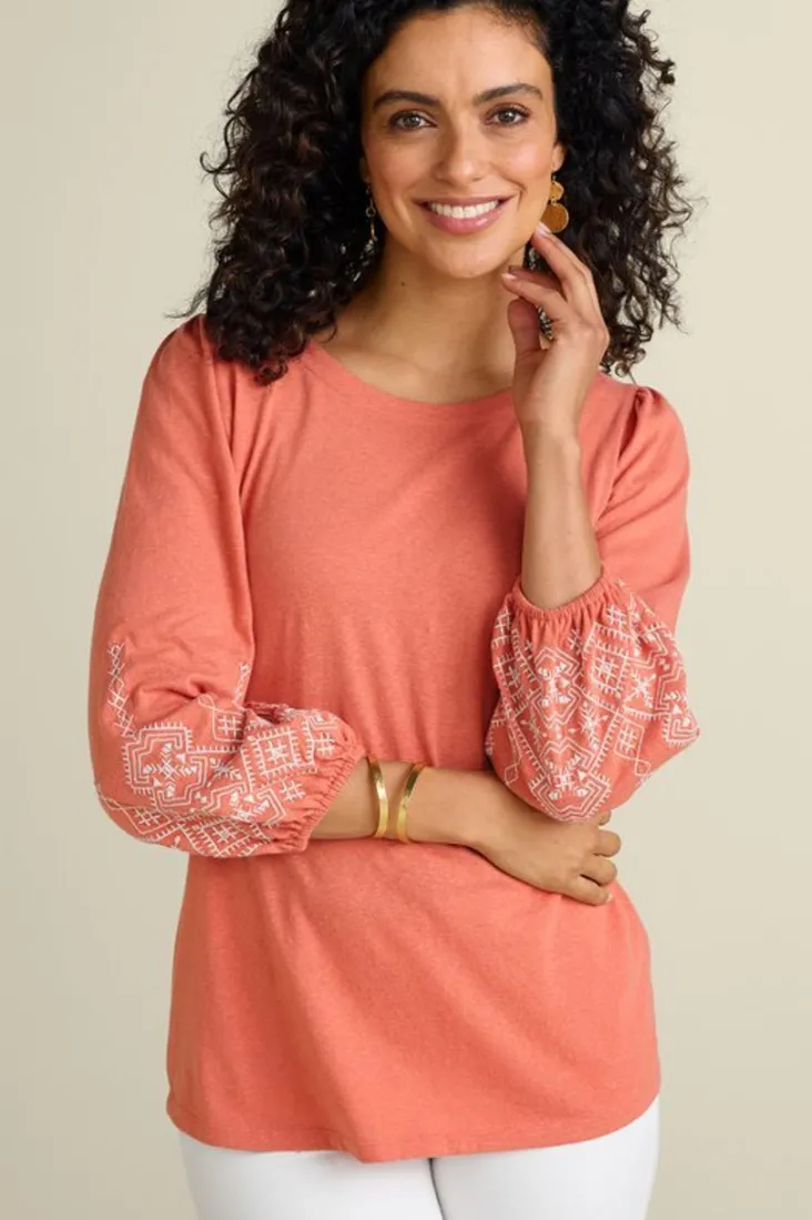 Shop Soft Surroundings Embroidered Parisian Poet Top ApricotBrandy