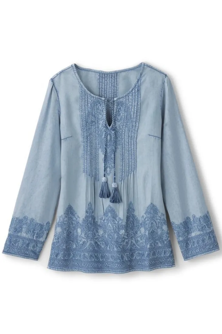 Shop Soft Surroundings Emily Embroidered Tencel™ Top LightChambray