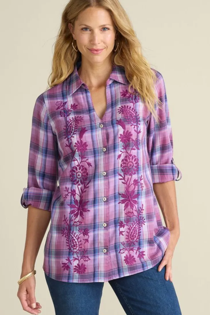 Hot Soft Surroundings Gracie Embroidered Plaid Big Shirt BayAreaPlaid