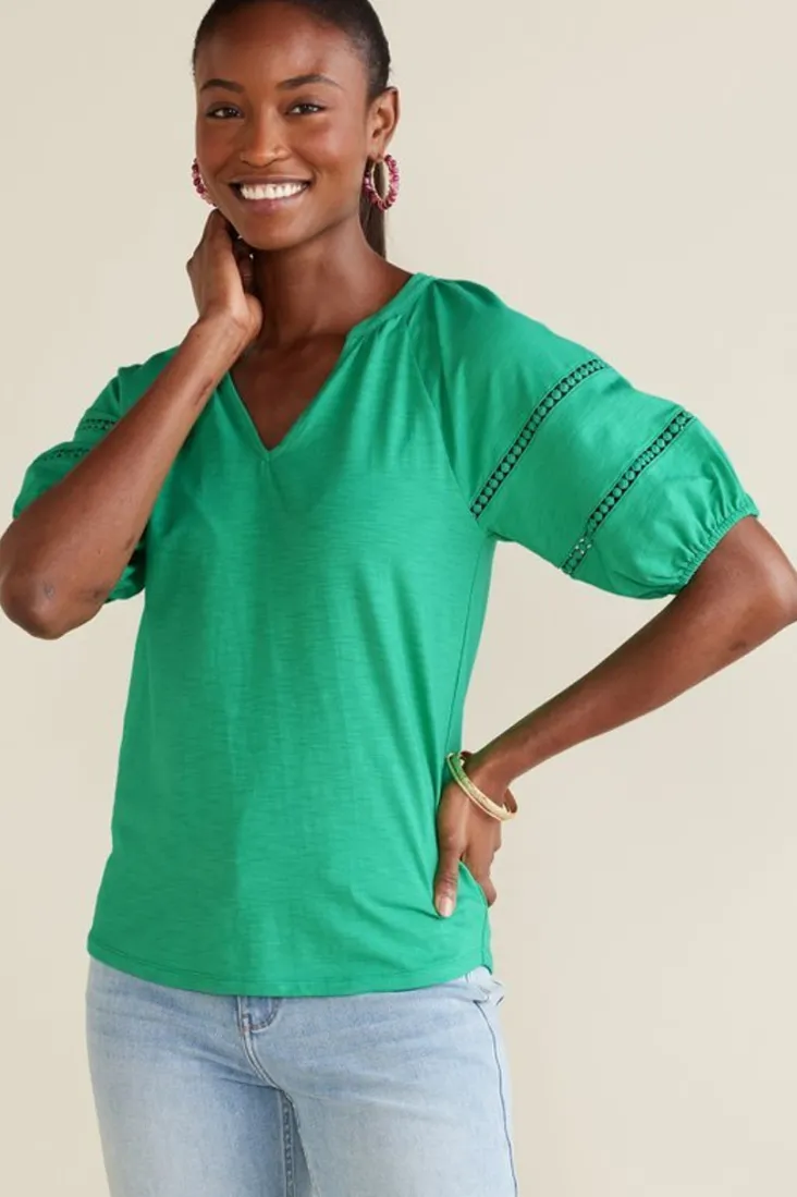 Discount Soft Surroundings Heidi Supima Puff Sleeve Tee HollyGreen