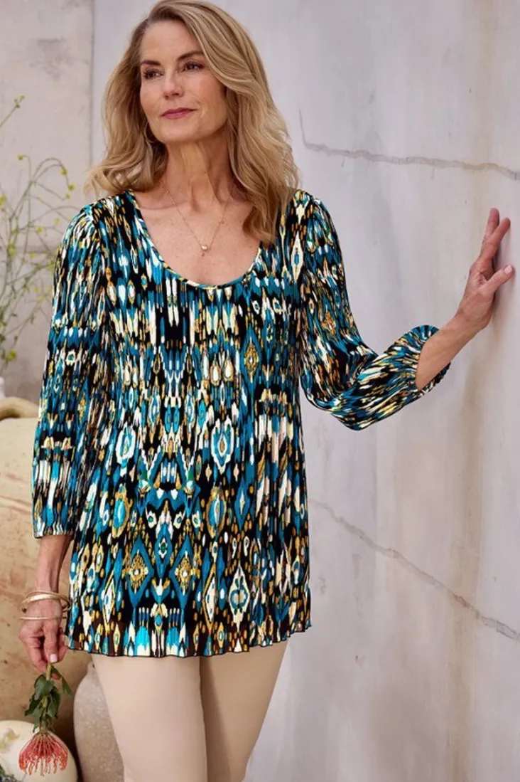 imrie__sleeve_tunic_5.webp Online Soft Surroundings Imrie 3/4 Sleeve Tunic MenaraIkatBlue
