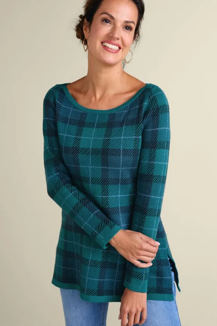 Clearance Soft Surroundings Janece Plaid Sweater Tunic FestivePlaidGreen
