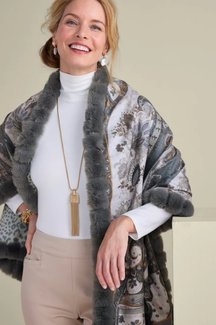 katya_faux_fur_trim_wrap_scarf_4.webp Store Soft Surroundings Katya Faux Fur Trim Wrap Scarf Gray
