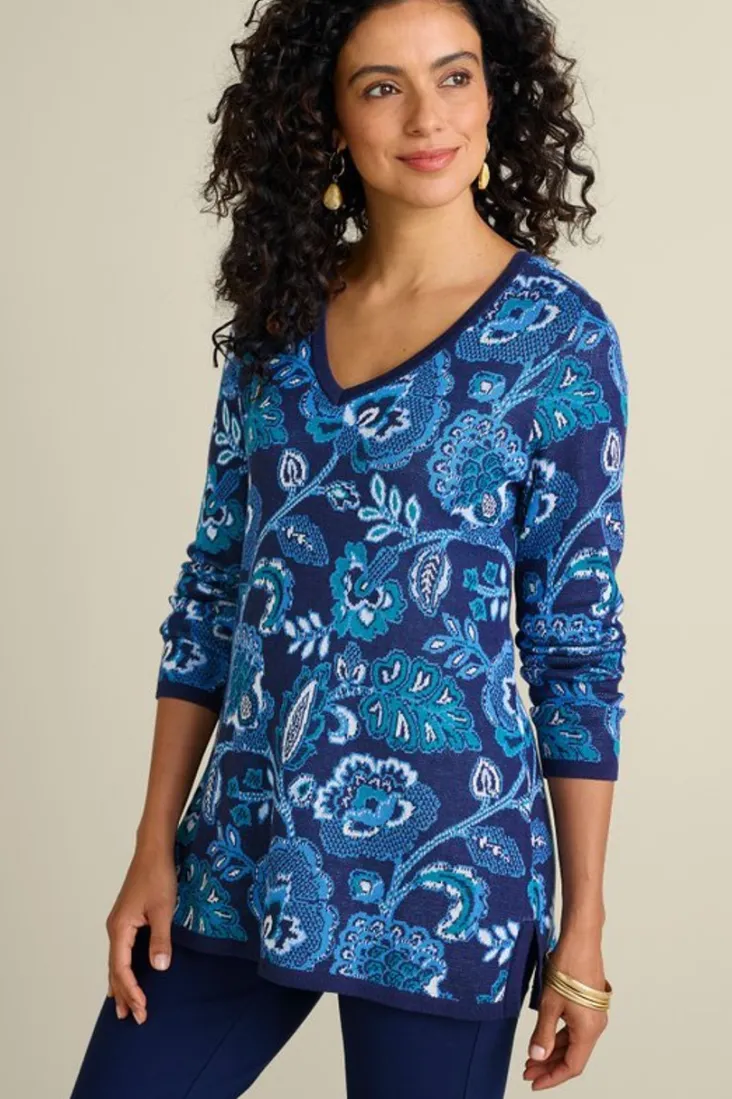 Best Soft Surroundings Leonor Jacquard Tunic Sweater FallGardenBlue