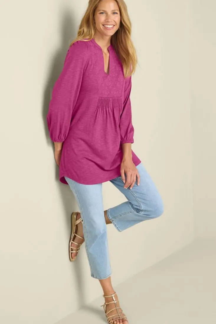 mikaela_embroidered__sleeve_tunic_2.webp Best Sale Soft Surroundings Mikaela Embroidered 3/4 Sleeve Tunic RaspberryRadiance