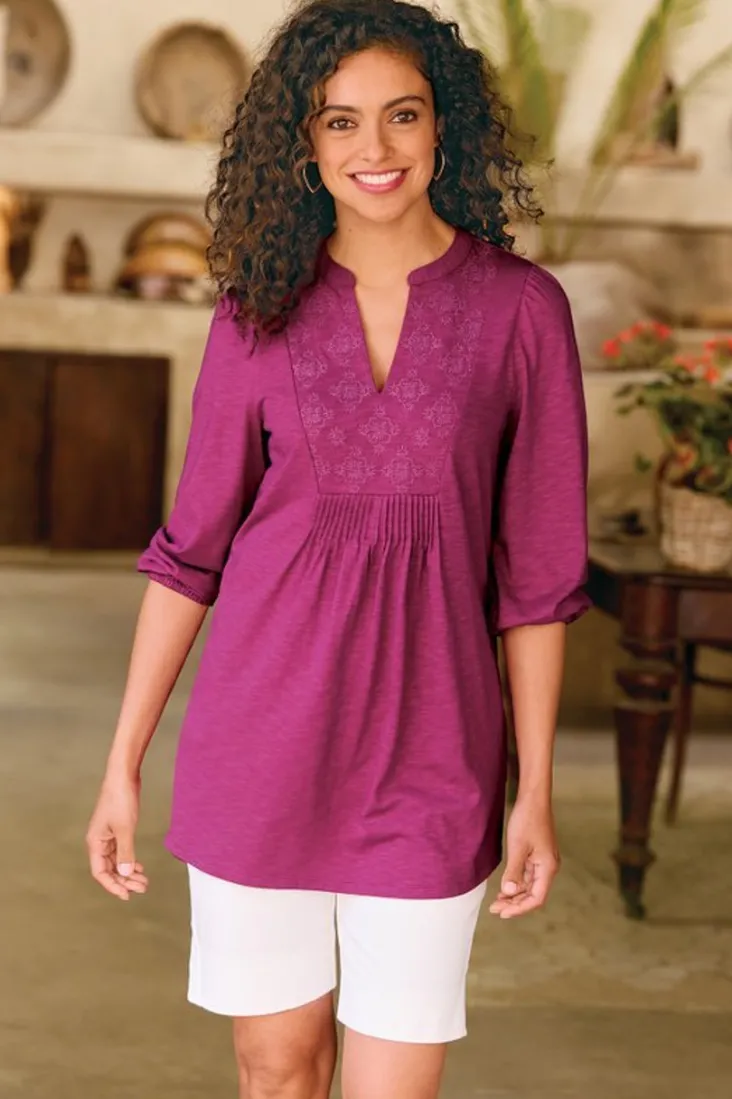 mikaela_embroidered__sleeve_tunic_4.webp Best Sale Soft Surroundings Mikaela Embroidered 3/4 Sleeve Tunic RaspberryRadiance