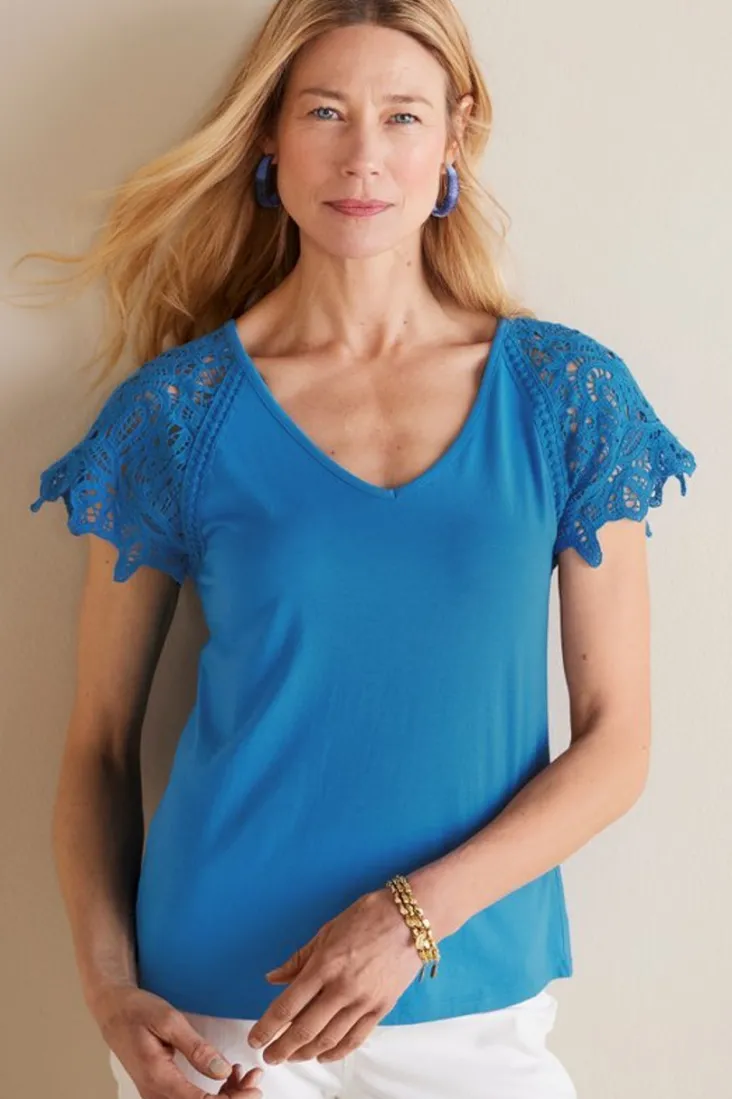 Cheap Soft Surroundings Nikita Lace Sleeve Tee FrenchBlue