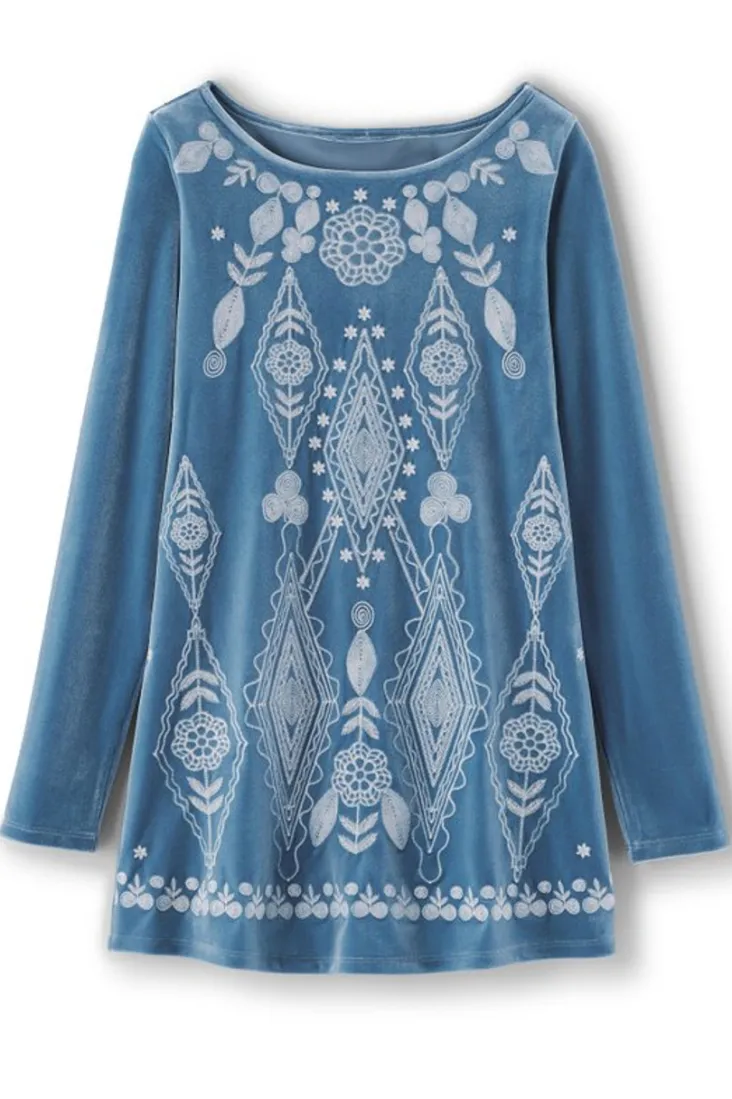 Sale Soft Surroundings Nori Embroidered Velvet Tunic MoonlightBlue