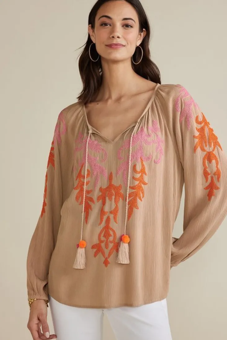 Flash Sale Soft Surroundings Noura Embroidered Gauze Pullover Sesame