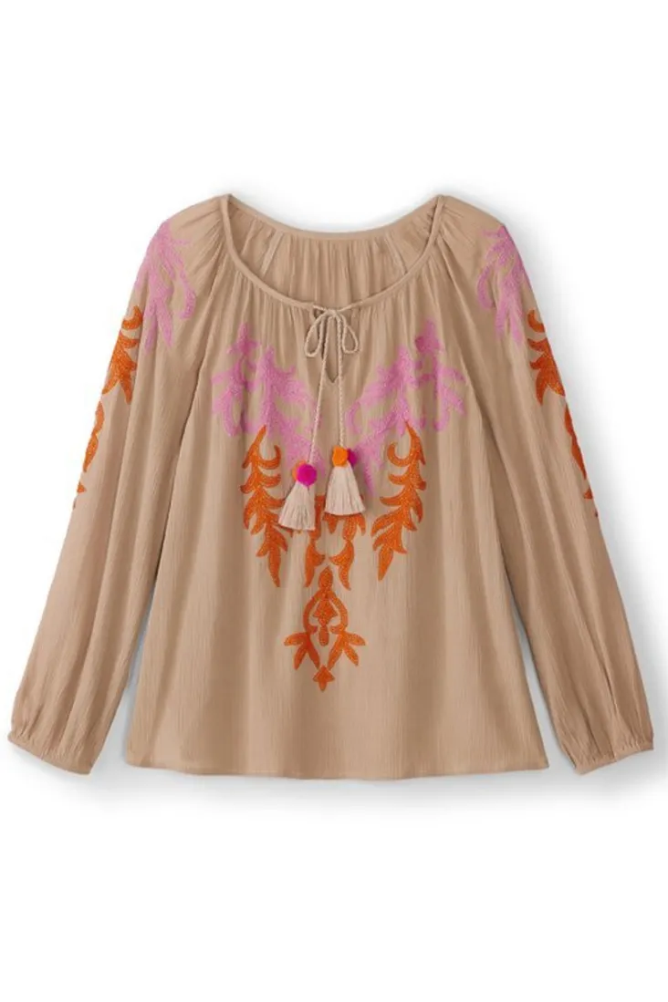 Flash Sale Soft Surroundings Noura Embroidered Gauze Pullover Sesame