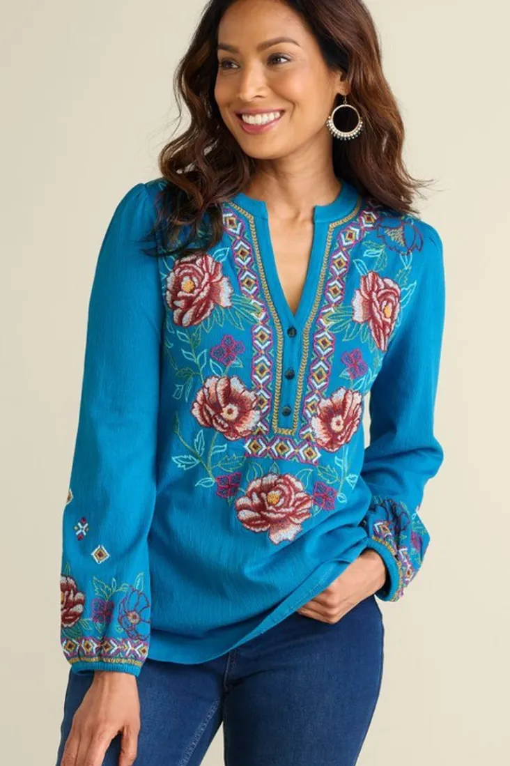 Shop Soft Surroundings Riva Embroidered Knit Gauze Top BlueSapphire