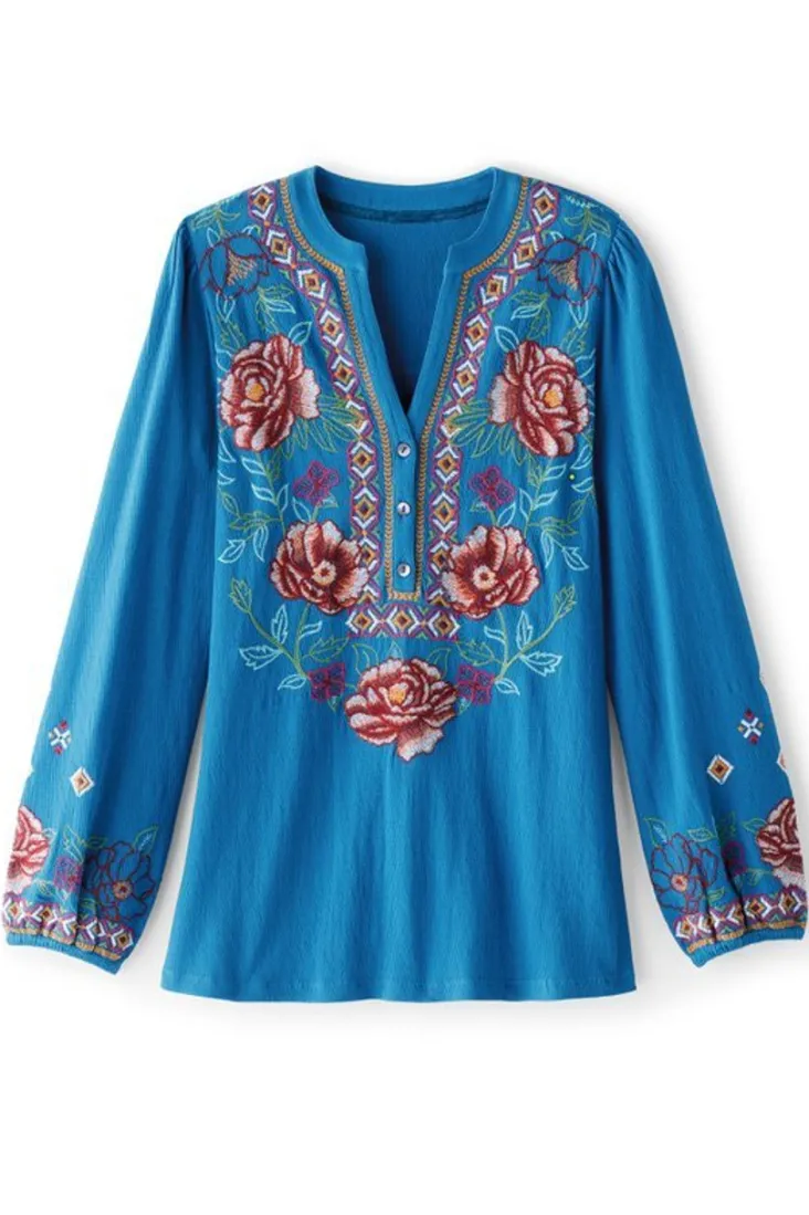 Shop Soft Surroundings Riva Embroidered Knit Gauze Top BlueSapphire