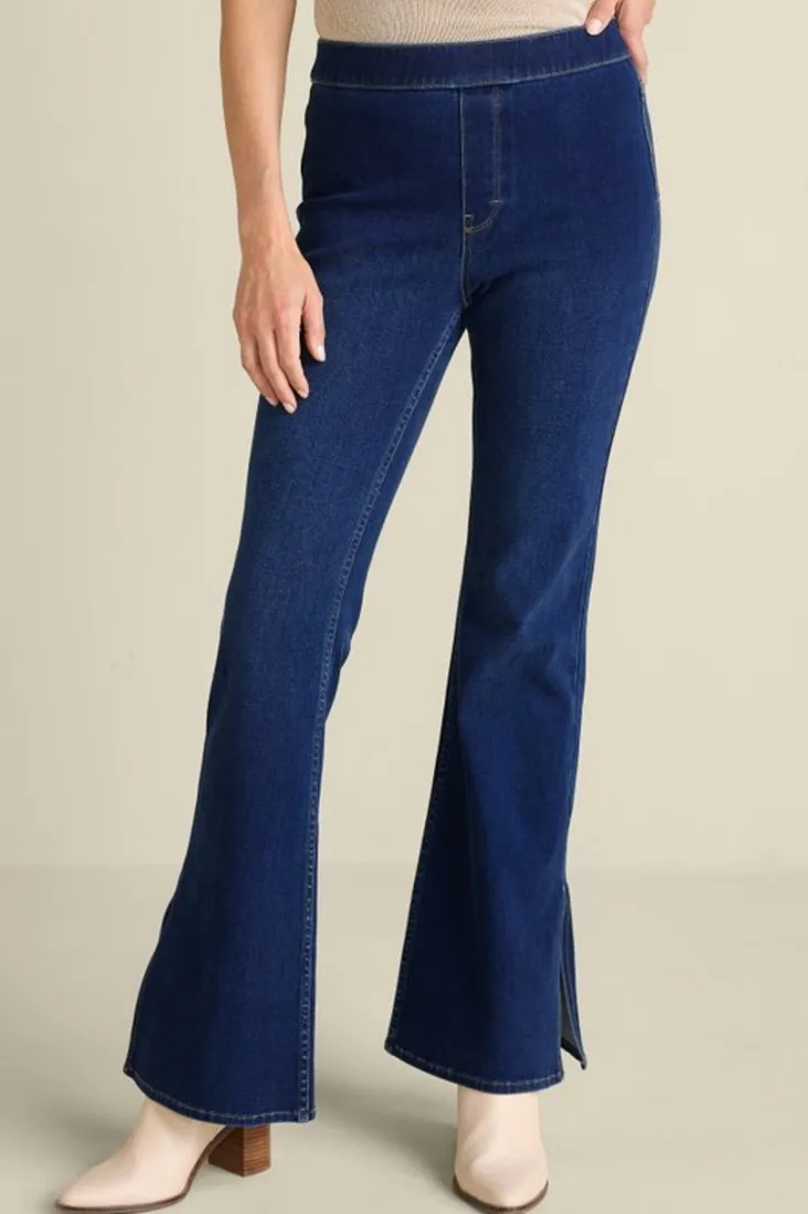 Store Soft Surroundings Ultimate Denim Slit Hem Flare Jeans TidalBlueWash