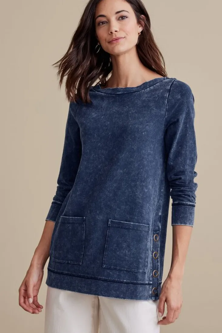 Best Soft Surroundings Washed Make It Snappy Pullover DenimBlue