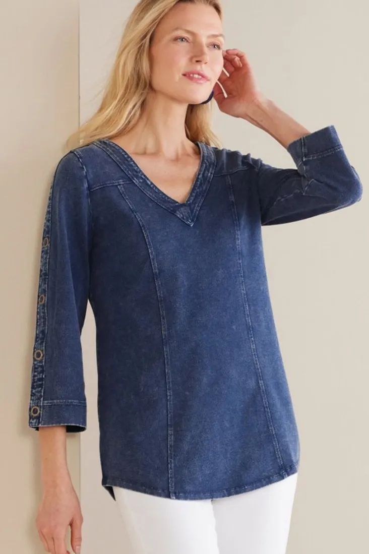 Store Soft Surroundings Wilma Washed Knit Denim Tunic DenimBlue
