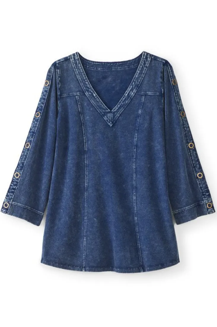 Store Soft Surroundings Wilma Washed Knit Denim Tunic DenimBlue